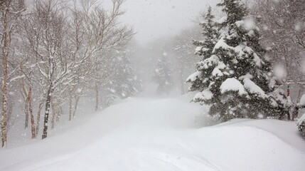 snowstorm covering a forest, with heavy snowfall, trees bending under the weight of snow, blustery a