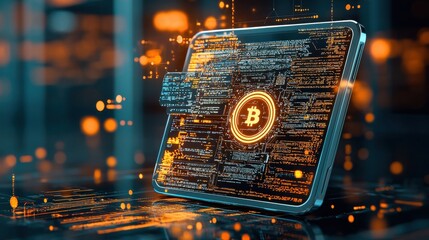 Leinwandbilder - Visualizing blockchain ledger pages on a holographic tablet an interactive overview of digital finance technology in a futuristic workspace