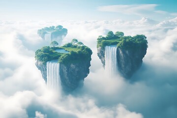 Wall Mural - Enchanted Floating Islands: A Surreal Landscape of Waterfalls and Clouds. Discover a breathtaking scenery of serene islands, cascading waterfalls, and dreamy cloudscapes in this digital artwork.