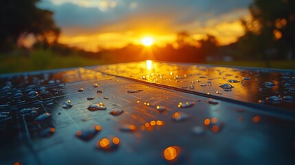 Poster - Water droplets cover a surface, reflecting light as the sun sets, casting rich hues across the sky. The tranquil moment captures the beauty of nature.