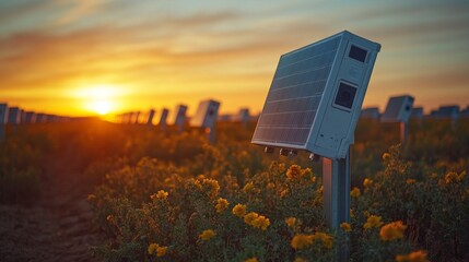 Aufkleber - Rows of solar panels stand in a field of vibrant wildflowers beneath a stunning sunset. The warm glow illuminates the landscape, showcasing renewable energy efforts.