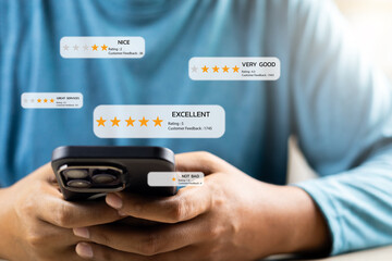 Wall Mural - online application customer review and satisfaction feedback concept, clients rating service experie