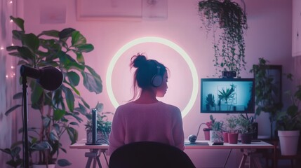 Poster - A woman wearing headphones sits at a desk in a room with pink walls and a ring light, facing a computer screen.