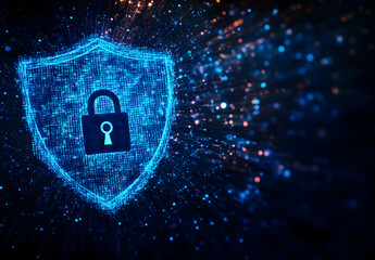 Wall Mural - Cybersecurity digital shield with a padlock icon on a dark blue background.