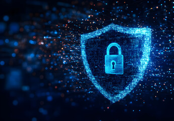 Wall Mural - Cybersecurity digital shield with a padlock icon on a dark blue background.