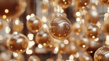 Wall Mural - a close-up view of shimmering golden ornaments hanging amidst soft glowing lights, creating a warm a
