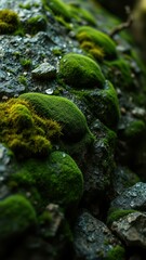 Wall Mural - Lush green moss thrives on dark rocks during a damp afternoon in a temperate forest