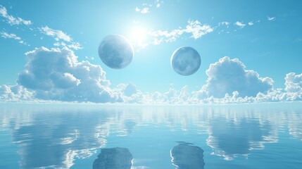 Wall Mural - Two planets hover over calm ocean under a bright sky with fluffy clouds.