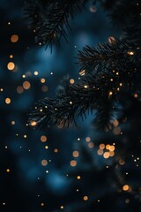 Christmas holiday blue background. Blurred lights, gold bokeh, glitter decorations.