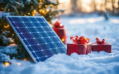 Wall Mural - solar panel in winter. Christmas gifts and solar panels 