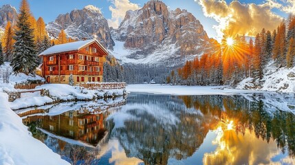 Wall Mural - Winter Wonderland Alpine Cabin by Frozen Lake, Snow, Majestic Mountains, Scenic Landscape