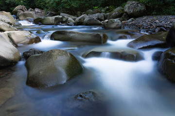 Slow shutter image of water flowing through the rocks creating a sooth silky effect in Taiwan