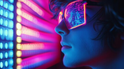 Leinwandbilder - A person wearing futuristic glasses stands in front of a wall of colorful lights, illuminated in blue. The glasses are glowing with a digital pattern.