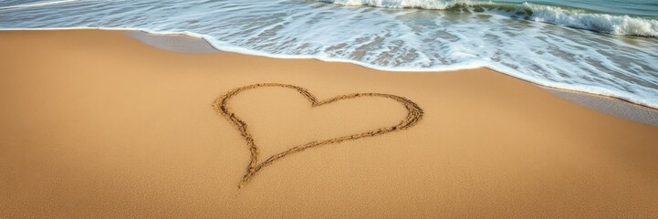 Wall Mural - A heart drawn in the sand near the ocean waves on a sunny afternoon