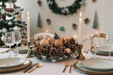 Wall Mural - Christmas table setting decorated with candles and pine cones centerpiece