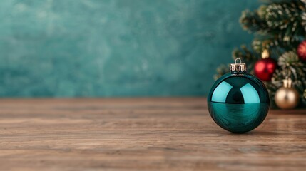 Wall Mural - a teal christmas ornament on a wooden table.