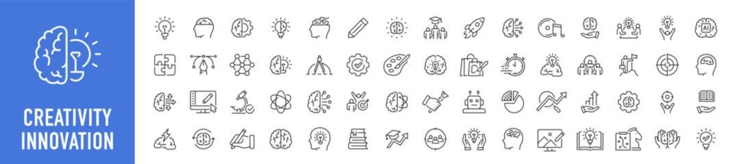 Creativity web icons in line style. Creativity, Finding solution, Brainstorming, technology, teamwork, Inspiration, Creative thinking, Brain. Vector illustration.