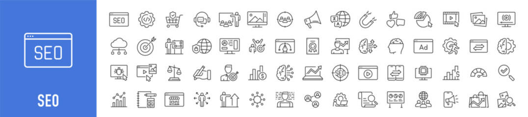 seo web icons in line style. contact, target, business and marketing, traffic, ranking, optimization