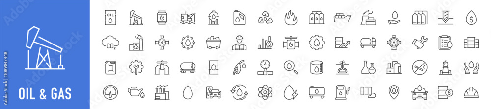Oil and Gas web icons in line style. Fuel, gas station, refinery ...