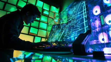 Poster - A person is focused on coding at a high-tech workstation, surrounded by colorful LED lights and multiple screens displaying complex data and graphics. The atmosphere is immersive and energetic.