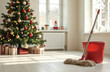 © Olha Ye - Festive home cleanup: bright christmas tree and cleaning tools in cozy living room. preparing for Christmas
