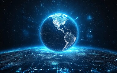 Aufkleber - Digital Earth on technology background, blue glowing lights and network, global connectivity concept, futuristic planet and tech landscape