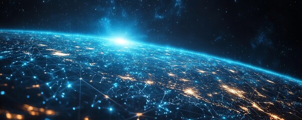Aufkleber - Digital Earth planet with blue glowing lights, network and global connectivity on tech background, futuristic world, technological innovation and data flow