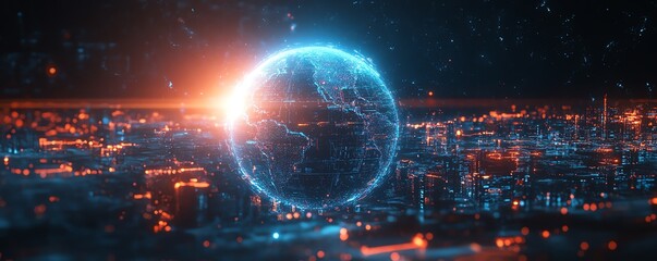 Aufkleber - Digital Earth planet with blue glowing lights, network and global connectivity on tech background, futuristic world, technological innovation and data flow