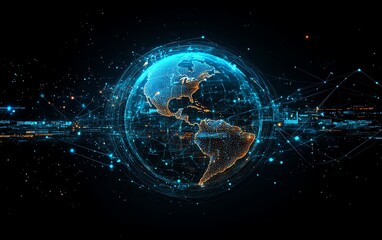 Poster - Digital Earth planet with network connections, blue glowing light effect, global connectivity, hightech background, technological world view