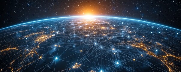 Aufkleber - Digital Earth planet with global connectivity, network background, blue glowing light effect, technological world, global communication and data flow