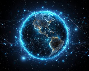 Aufkleber - Digital planet Earth surrounded by glowing blue lights, global network and connectivity concept, hightech background, futuristic technological world