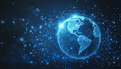 Aufkleber - Planet Earth in digital form on technology background, blue glowing lights, network connections, global connectivity, futuristic tech concept