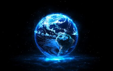 Aufkleber - Planet Earth in digital form with blue glowing light effect, network and global connectivity, futuristic technology background, digital world concept