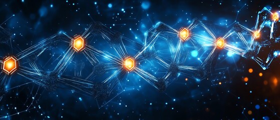 Poster - Abstract digital waves on dark blue background, glowing dots representing blockchain technology, big data network connections, futuristic tech design