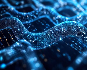 Aufkleber - Blockchain technology concept with dark blue background, digital waves and glowing dots, abstract representation of big data network connections