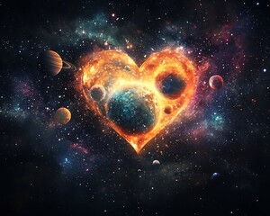 Wall Mural - heart shaped glowing galaxy with orbiting planets representing love and cosmic interconnection