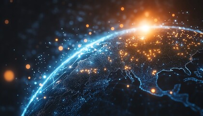 Aufkleber - Digital Earth planet with blue glowing lights, network and global connectivity on tech background, futuristic world, technological innovation and data flow