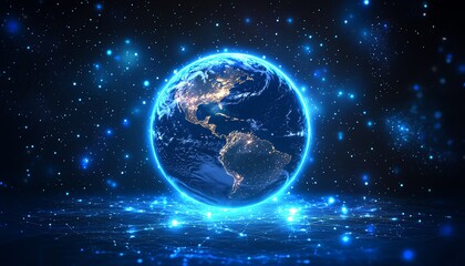 Aufkleber - Digital representation of Earth on technology background, glowing blue lights, global connectivity, network and data flow, futuristic tech environment