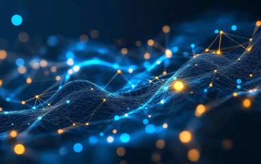 Aufkleber - Digital waves and glowing dots on dark blue background, representing blockchain technology, abstract big data network connections, futuristic innovation