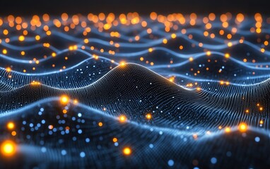 Aufkleber - Digital waves and glowing dots on dark blue background, representing blockchain technology, abstract big data network connections, futuristic innovation