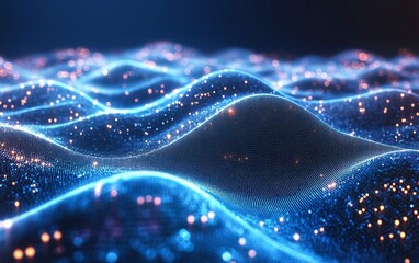 Aufkleber - Digital waves and glowing dots on dark blue background, representing blockchain technology, abstract big data network connections, futuristic innovation