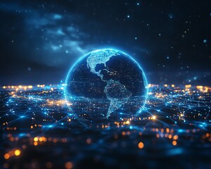 Poster - Planet Earth in digital form on technology background, blue glowing lights, network connections, global connectivity, futuristic tech concept