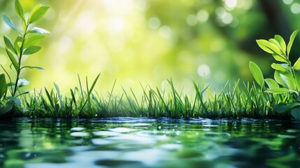 Wall Mural - A lush green field with a body of water in the foreground