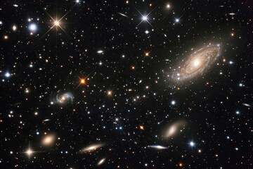 Wall Mural - a captivating view of a galaxy cluster with numerous galaxies and stars suspended in the void, astro