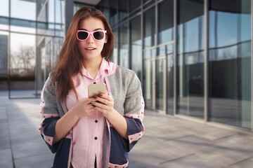 Poster - One happy young woman using her smartphone outdoor