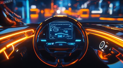 Fototapete - The interior of a modern vehicle showcases a vibrant dashboard illuminated by neon lights, set against a futuristic cityscape at night. The sleek design emphasizes technology and innovation.