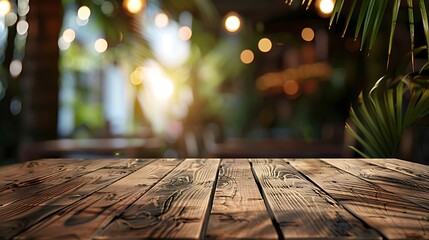 Canvas Print - A wooden table in a warm, illuminated setting with greenery and soft lights in the background, suggesting a cozy atmosphere.