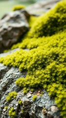 Wall Mural - Lush green moss thrives on a gray rock during a spring afternoon