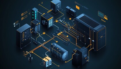 Poster - Solar plant energy system diagram, isometric vector style, solar cell equipment and ongrid inverter components, renewable energy flow