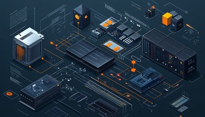 Poster - Solar plant energy system diagram, isometric vector style, solar cell equipment and ongrid inverter components, renewable energy flow